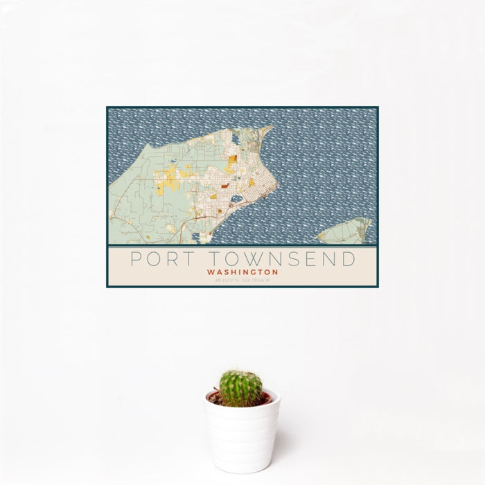 12x18 Port Townsend Washington Map Print Landscape Orientation in Woodblock Style With Small Cactus Plant in White Planter