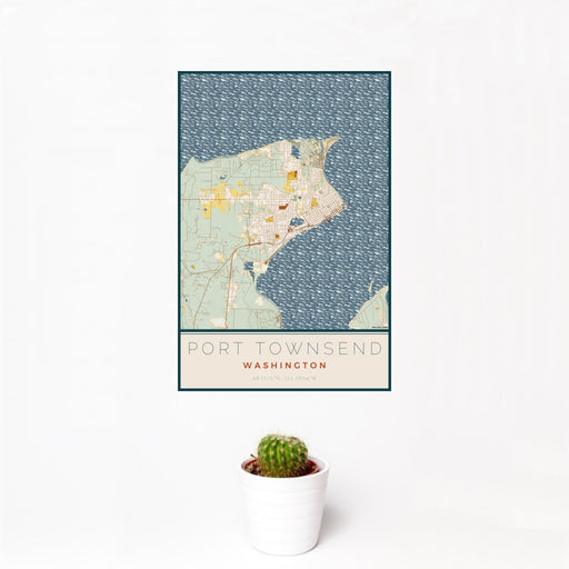 12x18 Port Townsend Washington Map Print Portrait Orientation in Woodblock Style With Small Cactus Plant in White Planter