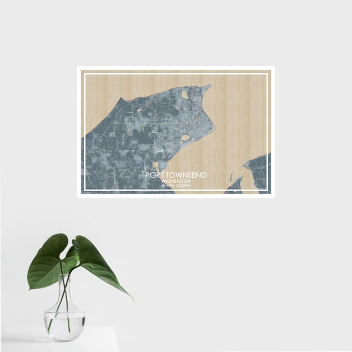 16x24 Port Townsend Washington Map Print Landscape Orientation in Afternoon Style With Tropical Plant Leaves in Water