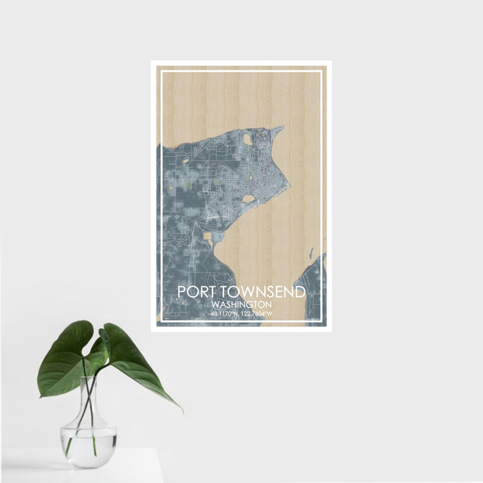16x24 Port Townsend Washington Map Print Portrait Orientation in Afternoon Style With Tropical Plant Leaves in Water
