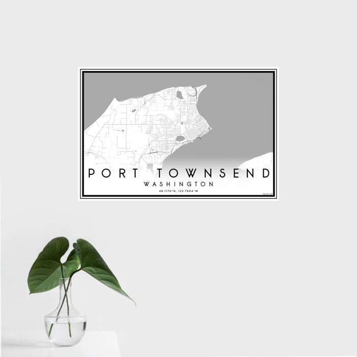 16x24 Port Townsend Washington Map Print Landscape Orientation in Classic Style With Tropical Plant Leaves in Water