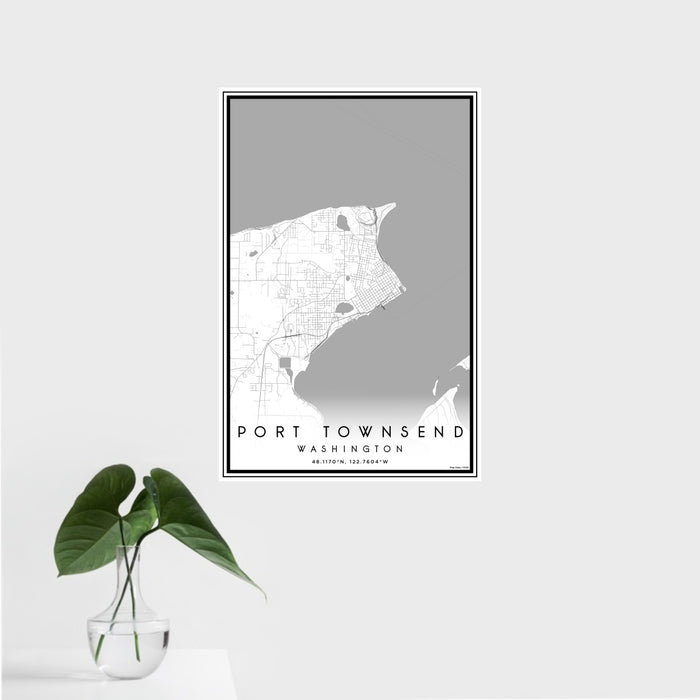 16x24 Port Townsend Washington Map Print Portrait Orientation in Classic Style With Tropical Plant Leaves in Water