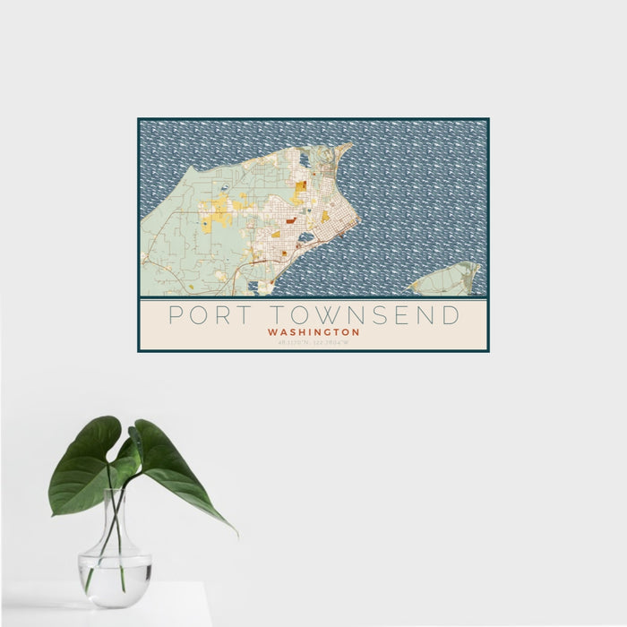 16x24 Port Townsend Washington Map Print Landscape Orientation in Woodblock Style With Tropical Plant Leaves in Water