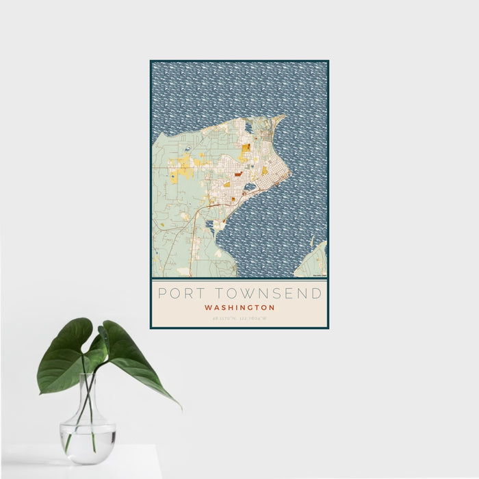 16x24 Port Townsend Washington Map Print Portrait Orientation in Woodblock Style With Tropical Plant Leaves in Water