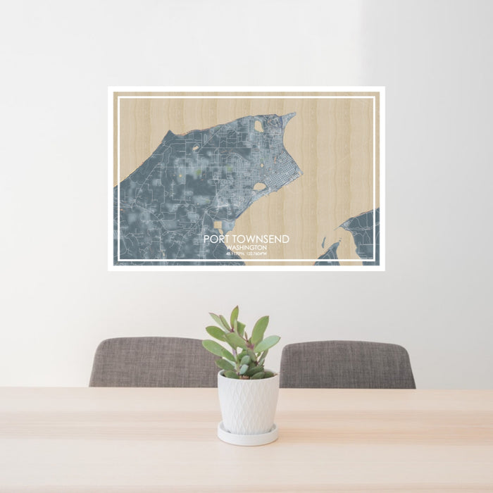24x36 Port Townsend Washington Map Print Lanscape Orientation in Afternoon Style Behind 2 Chairs Table and Potted Plant