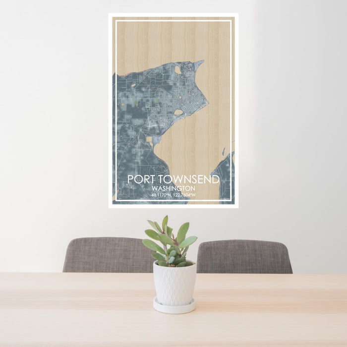 24x36 Port Townsend Washington Map Print Portrait Orientation in Afternoon Style Behind 2 Chairs Table and Potted Plant