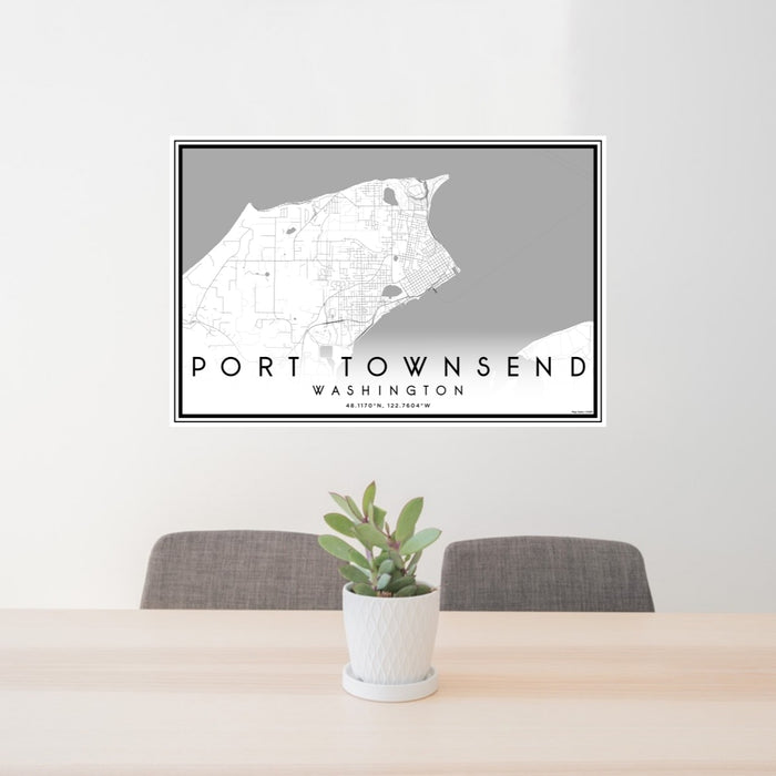 24x36 Port Townsend Washington Map Print Lanscape Orientation in Classic Style Behind 2 Chairs Table and Potted Plant