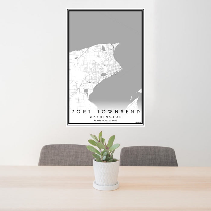 24x36 Port Townsend Washington Map Print Portrait Orientation in Classic Style Behind 2 Chairs Table and Potted Plant