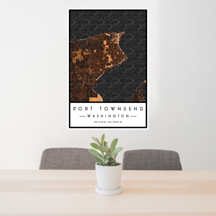 24x36 Port Townsend Washington Map Print Portrait Orientation in Ember Style Behind 2 Chairs Table and Potted Plant