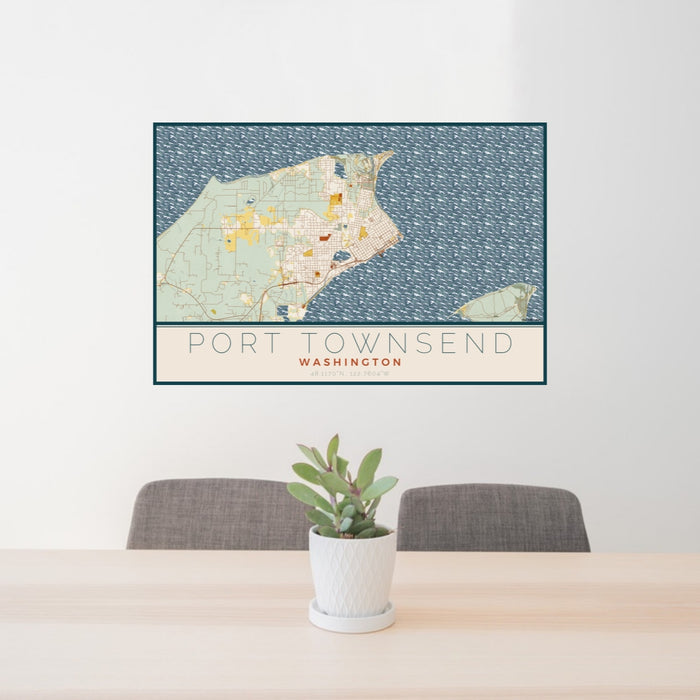 24x36 Port Townsend Washington Map Print Lanscape Orientation in Woodblock Style Behind 2 Chairs Table and Potted Plant