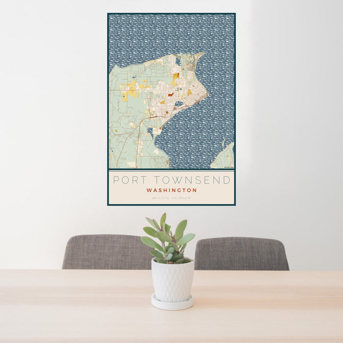 24x36 Port Townsend Washington Map Print Portrait Orientation in Woodblock Style Behind 2 Chairs Table and Potted Plant