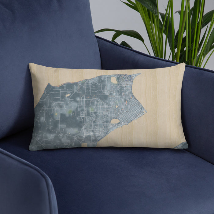 Custom Port Townsend Washington Map Throw Pillow in Afternoon on Blue Colored Chair