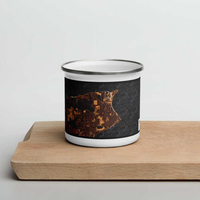 Front View Custom Port Townsend Washington Map Enamel Mug in Ember on Cutting Board