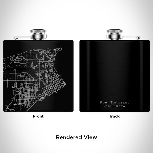 Rendered View of Port Townsend Washington Map Engraving on 6oz Stainless Steel Flask in Black