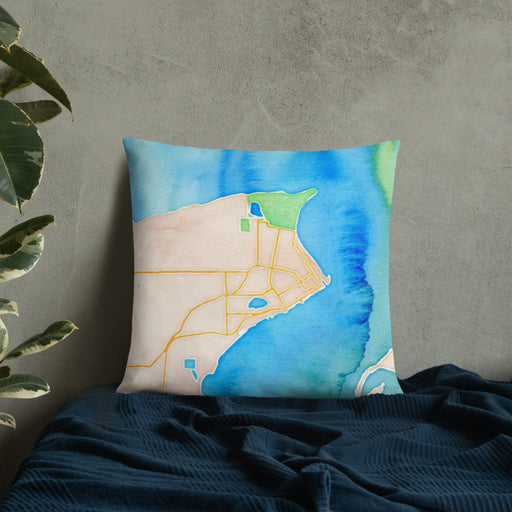 Custom Port Townsend Washington Map Throw Pillow in Watercolor on Bedding Against Wall