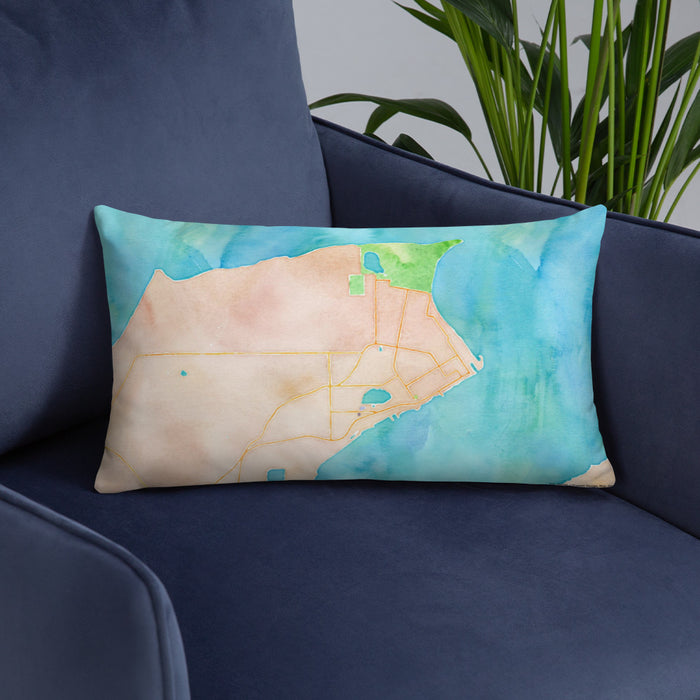 Custom Port Townsend Washington Map Throw Pillow in Watercolor on Blue Colored Chair