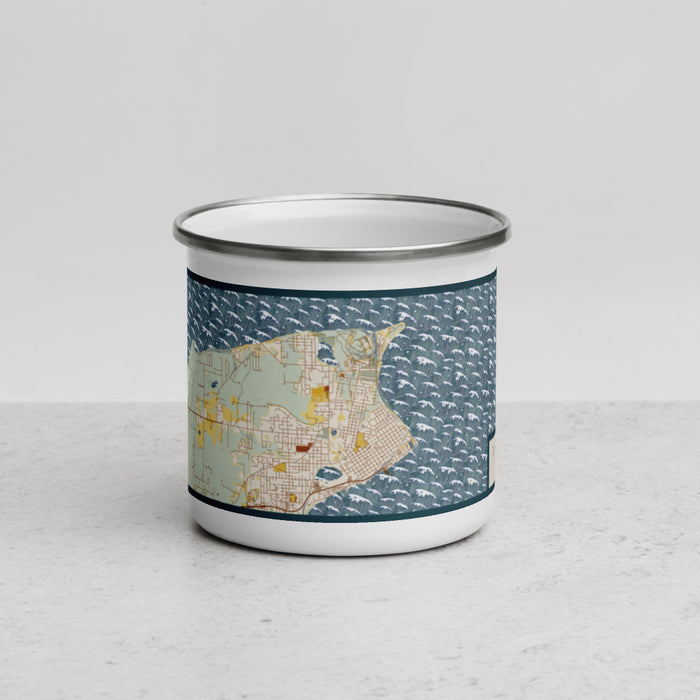 Front View Custom Port Townsend Washington Map Enamel Mug in Woodblock