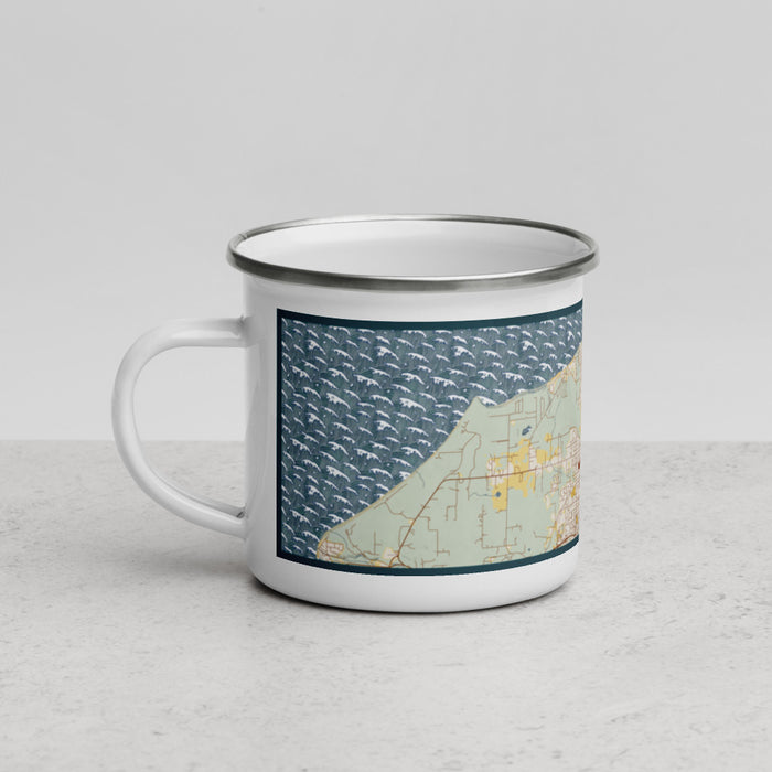 Left View Custom Port Townsend Washington Map Enamel Mug in Woodblock