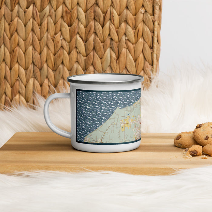 Left View Custom Port Townsend Washington Map Enamel Mug in Woodblock on Table Top