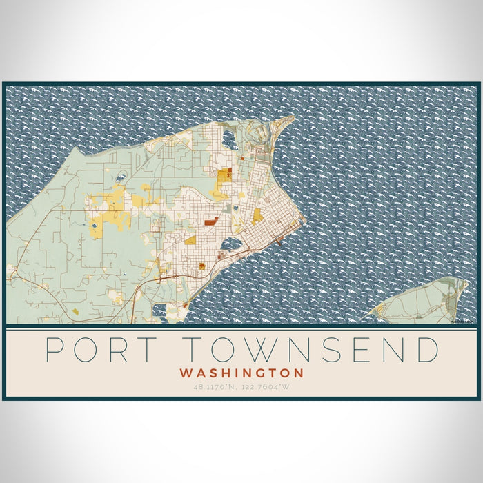 Port Townsend Washington Map Print Landscape Orientation in Woodblock Style With Shaded Background