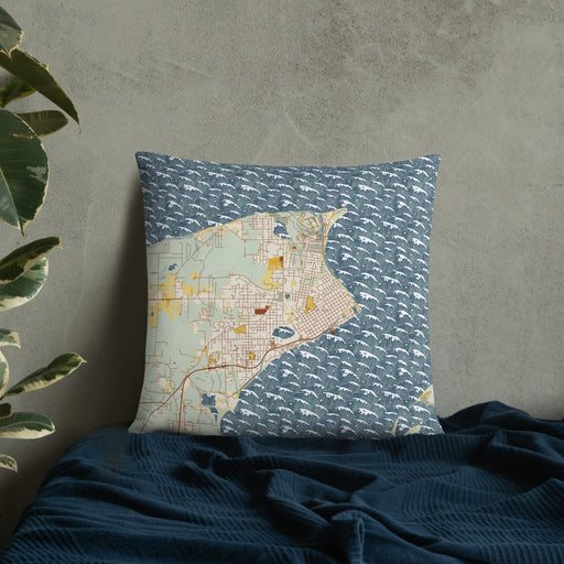 Custom Port Townsend Washington Map Throw Pillow in Woodblock on Bedding Against Wall