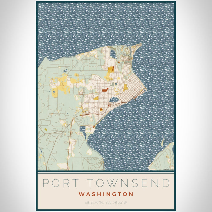 Port Townsend Washington Map Print Portrait Orientation in Woodblock Style With Shaded Background