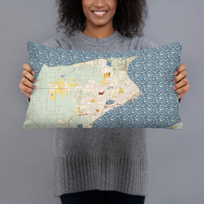 Person holding 20x12 Custom Port Townsend Washington Map Throw Pillow in Woodblock