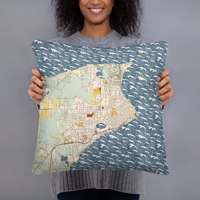 Person holding 18x18 Custom Port Townsend Washington Map Throw Pillow in Woodblock