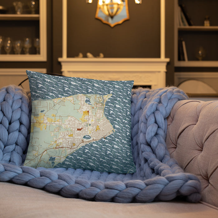 Custom Port Townsend Washington Map Throw Pillow in Woodblock on Cream Colored Couch