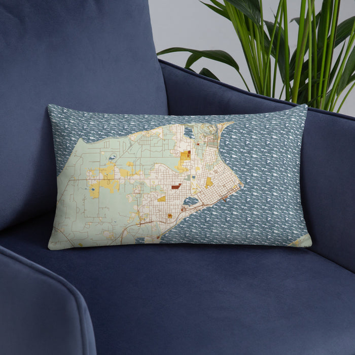 Custom Port Townsend Washington Map Throw Pillow in Woodblock on Blue Colored Chair