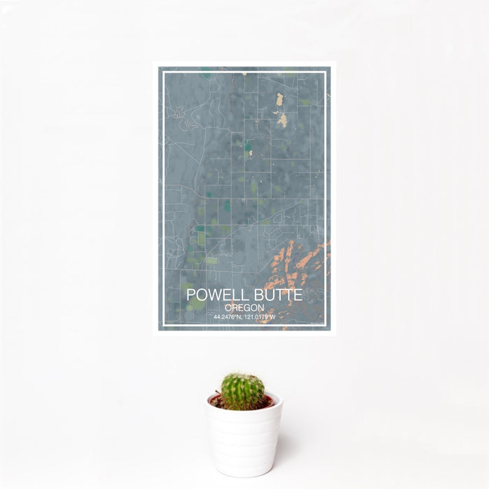 12x18 Powell Butte Oregon Map Print Portrait Orientation in Afternoon Style With Small Cactus Plant in White Planter