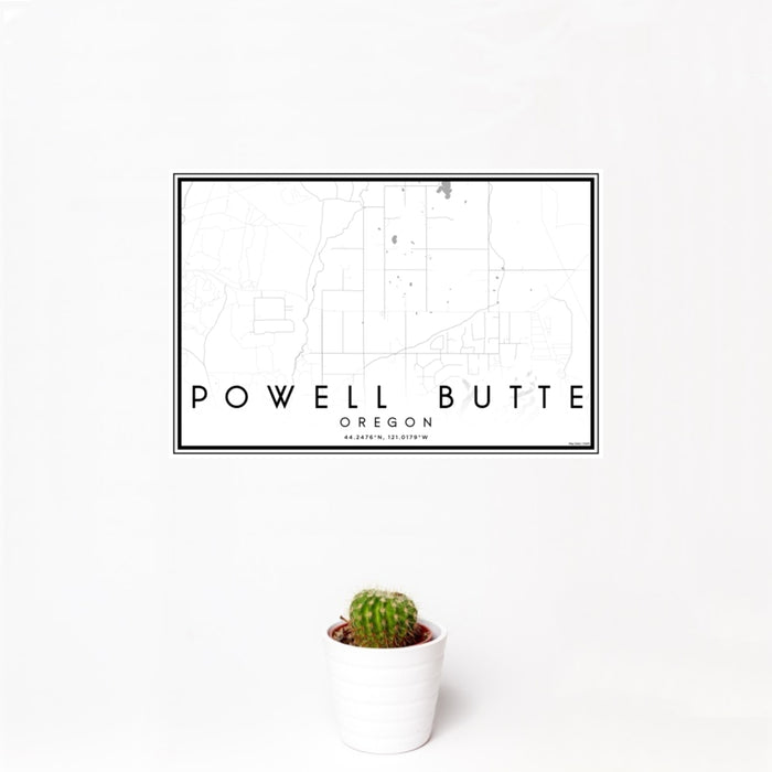 12x18 Powell Butte Oregon Map Print Landscape Orientation in Classic Style With Small Cactus Plant in White Planter