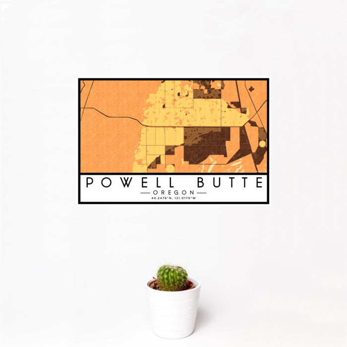 12x18 Powell Butte Oregon Map Print Landscape Orientation in Ember Style With Small Cactus Plant in White Planter