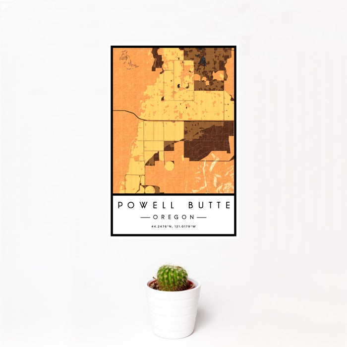 12x18 Powell Butte Oregon Map Print Portrait Orientation in Ember Style With Small Cactus Plant in White Planter