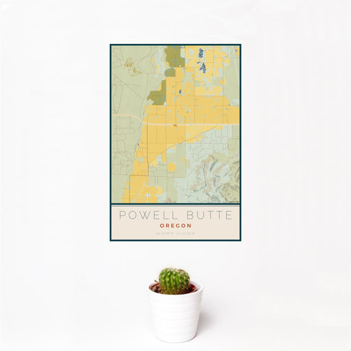 12x18 Powell Butte Oregon Map Print Portrait Orientation in Woodblock Style With Small Cactus Plant in White Planter