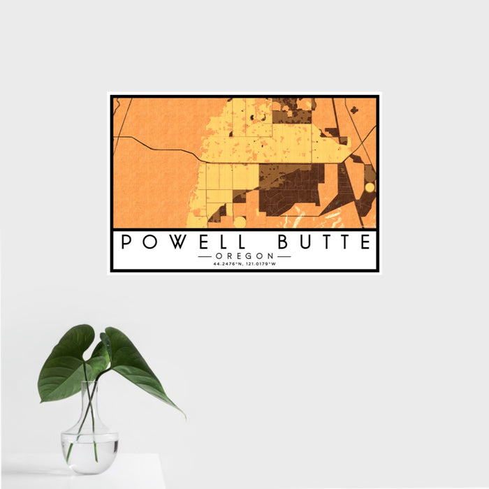 16x24 Powell Butte Oregon Map Print Landscape Orientation in Ember Style With Tropical Plant Leaves in Water