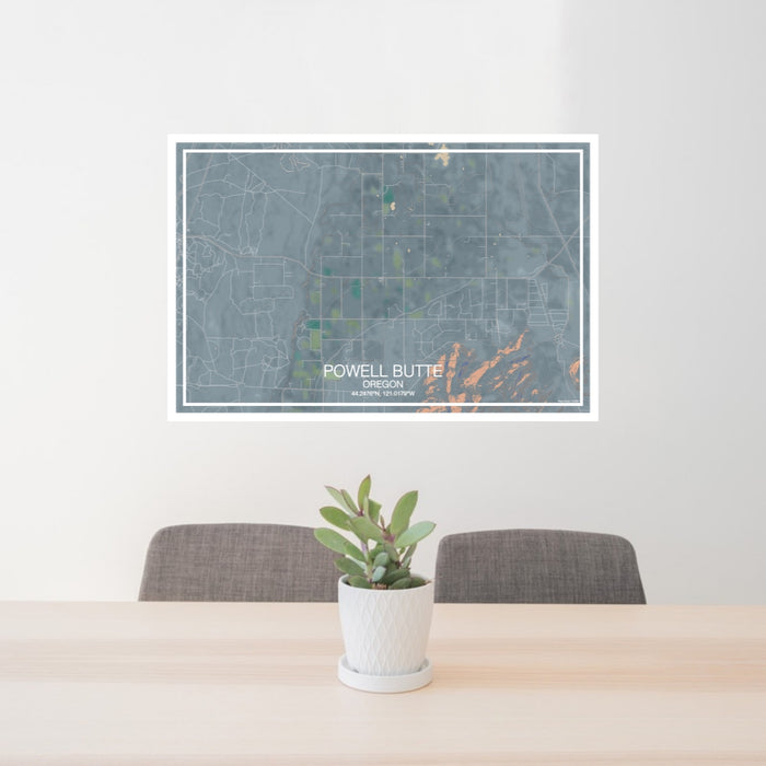 24x36 Powell Butte Oregon Map Print Landscape Orientation in Afternoon Style Behind 2 Chairs Table and Potted Plant