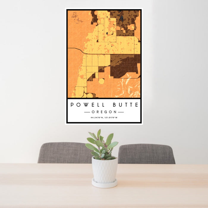 24x36 Powell Butte Oregon Map Print Portrait Orientation in Ember Style Behind 2 Chairs Table and Potted Plant