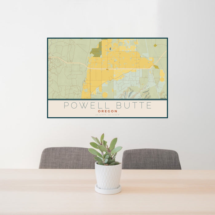 24x36 Powell Butte Oregon Map Print Landscape Orientation in Woodblock Style Behind 2 Chairs Table and Potted Plant