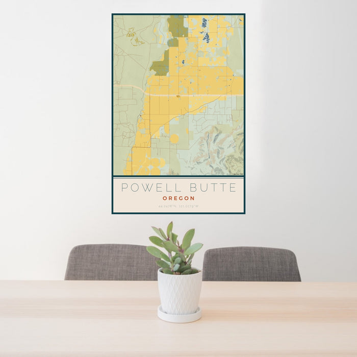 24x36 Powell Butte Oregon Map Print Portrait Orientation in Woodblock Style Behind 2 Chairs Table and Potted Plant