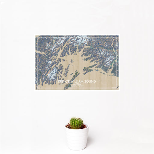 12x18 Prince William Sound Alaska Map Print Landscape Orientation in Afternoon Style With Small Cactus Plant in White Planter