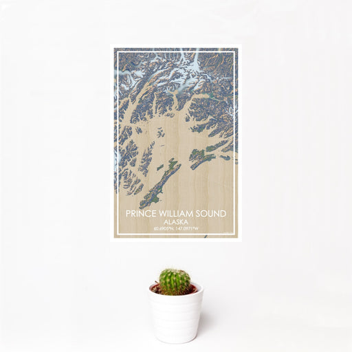 12x18 Prince William Sound Alaska Map Print Portrait Orientation in Afternoon Style With Small Cactus Plant in White Planter