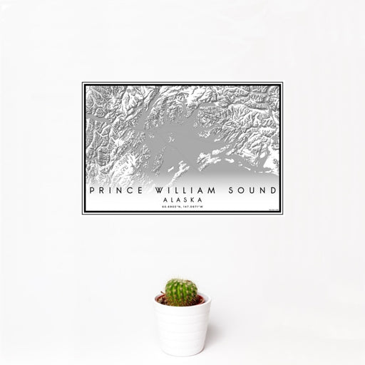 12x18 Prince William Sound Alaska Map Print Landscape Orientation in Classic Style With Small Cactus Plant in White Planter