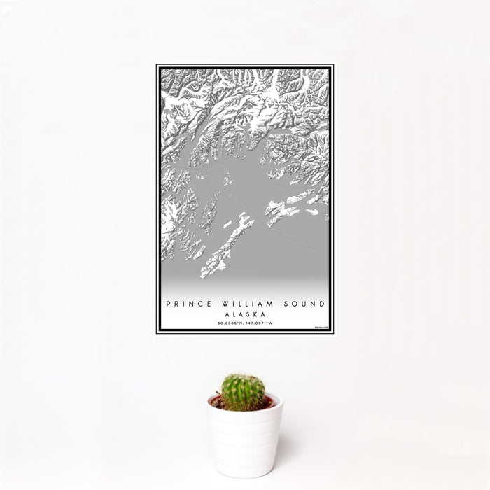 12x18 Prince William Sound Alaska Map Print Portrait Orientation in Classic Style With Small Cactus Plant in White Planter