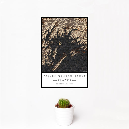 12x18 Prince William Sound Alaska Map Print Portrait Orientation in Ember Style With Small Cactus Plant in White Planter