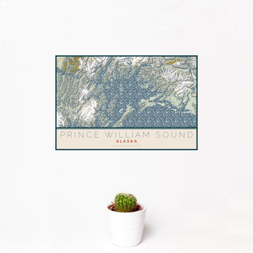 12x18 Prince William Sound Alaska Map Print Landscape Orientation in Woodblock Style With Small Cactus Plant in White Planter