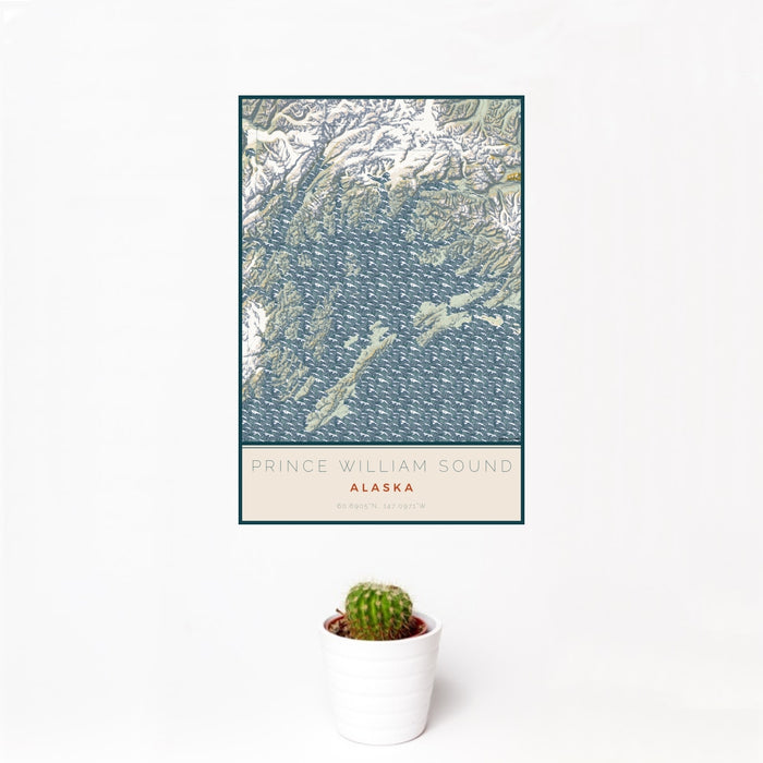 12x18 Prince William Sound Alaska Map Print Portrait Orientation in Woodblock Style With Small Cactus Plant in White Planter