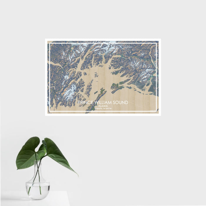 16x24 Prince William Sound Alaska Map Print Landscape Orientation in Afternoon Style With Tropical Plant Leaves in Water