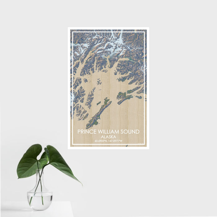 16x24 Prince William Sound Alaska Map Print Portrait Orientation in Afternoon Style With Tropical Plant Leaves in Water