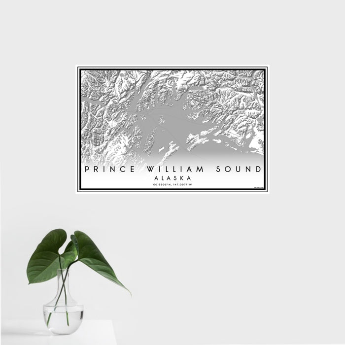 16x24 Prince William Sound Alaska Map Print Landscape Orientation in Classic Style With Tropical Plant Leaves in Water
